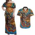 Aboriginal Dreamtime Stories Land Couples Matching Off Shoulder Maxi Dress and Hawaiian Shirt