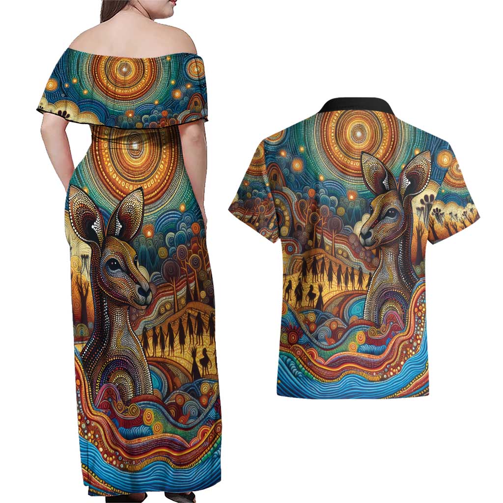 Aboriginal Dreamtime Stories Land Couples Matching Off Shoulder Maxi Dress and Hawaiian Shirt