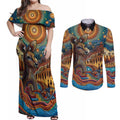 Aboriginal Dreamtime Stories Land Couples Matching Off Shoulder Maxi Dress and Long Sleeve Button Shirt