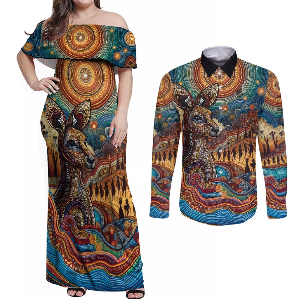 Aboriginal Dreamtime Stories Land Couples Matching Off Shoulder Maxi Dress and Long Sleeve Button Shirt