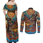Aboriginal Dreamtime Stories Land Couples Matching Off Shoulder Maxi Dress and Long Sleeve Button Shirt