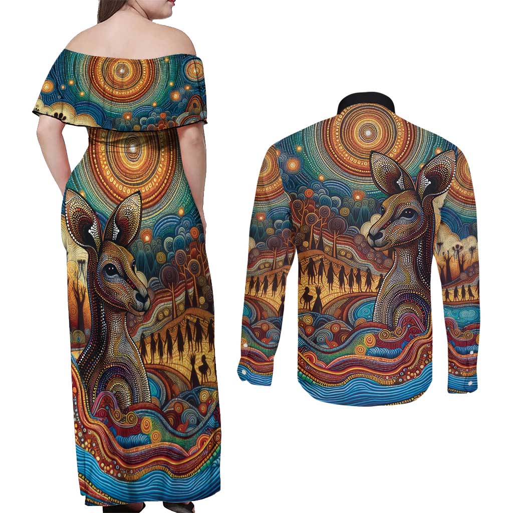 Aboriginal Dreamtime Stories Land Couples Matching Off Shoulder Maxi Dress and Long Sleeve Button Shirt