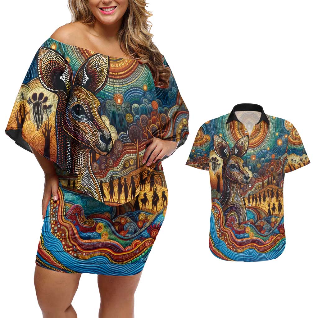 Aboriginal Dreamtime Stories Land Couples Matching Off Shoulder Short Dress and Hawaiian Shirt