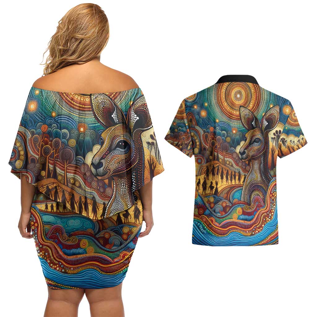 Aboriginal Dreamtime Stories Land Couples Matching Off Shoulder Short Dress and Hawaiian Shirt
