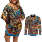 Aboriginal Dreamtime Stories Land Couples Matching Off Shoulder Short Dress and Long Sleeve Button Shirt