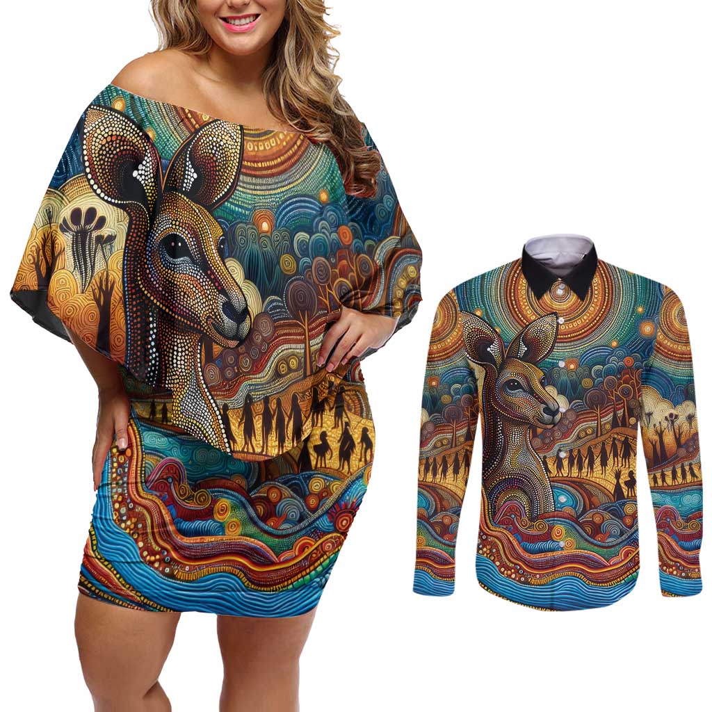 Aboriginal Dreamtime Stories Land Couples Matching Off Shoulder Short Dress and Long Sleeve Button Shirt