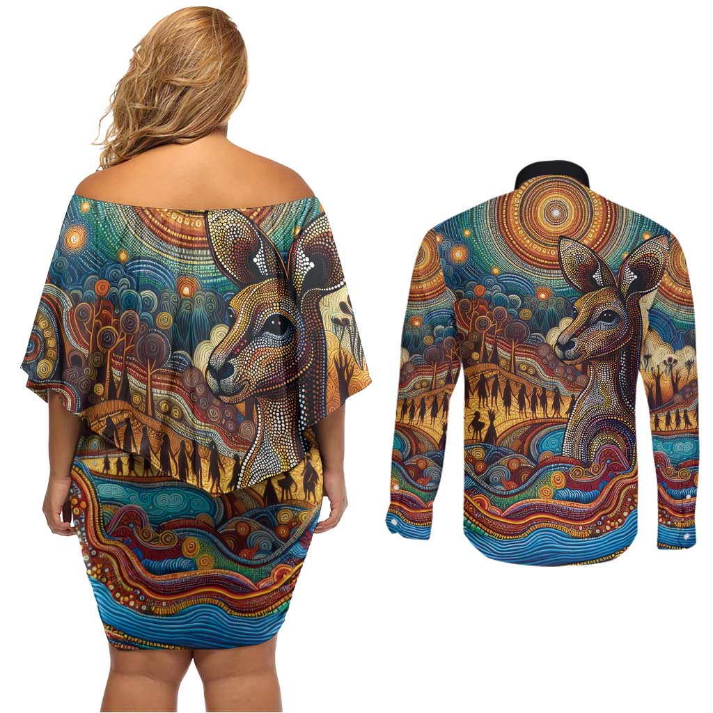 Aboriginal Dreamtime Stories Land Couples Matching Off Shoulder Short Dress and Long Sleeve Button Shirt