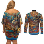 Aboriginal Dreamtime Stories Land Couples Matching Off Shoulder Short Dress and Long Sleeve Button Shirt