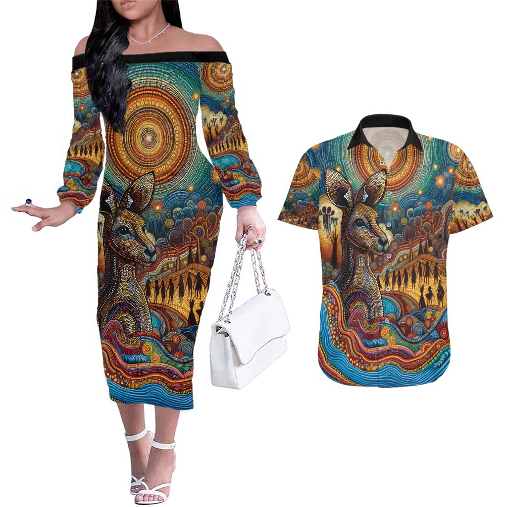 Aboriginal Dreamtime Stories Land Couples Matching Off The Shoulder Long Sleeve Dress and Hawaiian Shirt