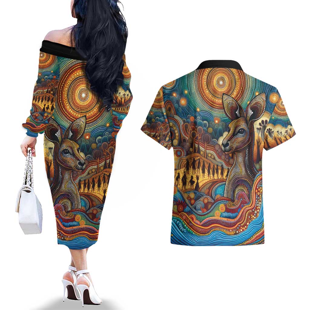 Aboriginal Dreamtime Stories Land Couples Matching Off The Shoulder Long Sleeve Dress and Hawaiian Shirt