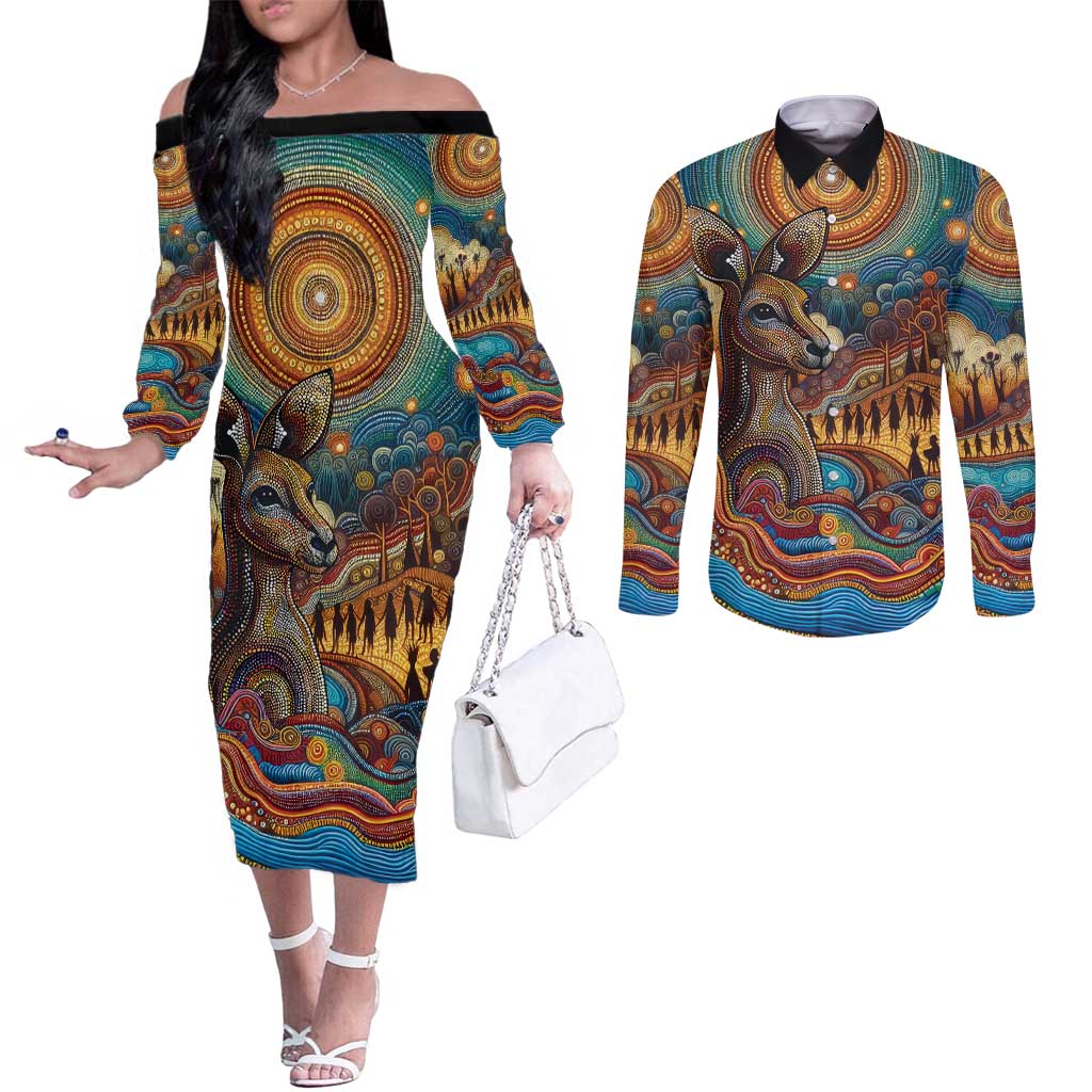 Aboriginal Dreamtime Stories Land Couples Matching Off The Shoulder Long Sleeve Dress and Long Sleeve Button Shirt