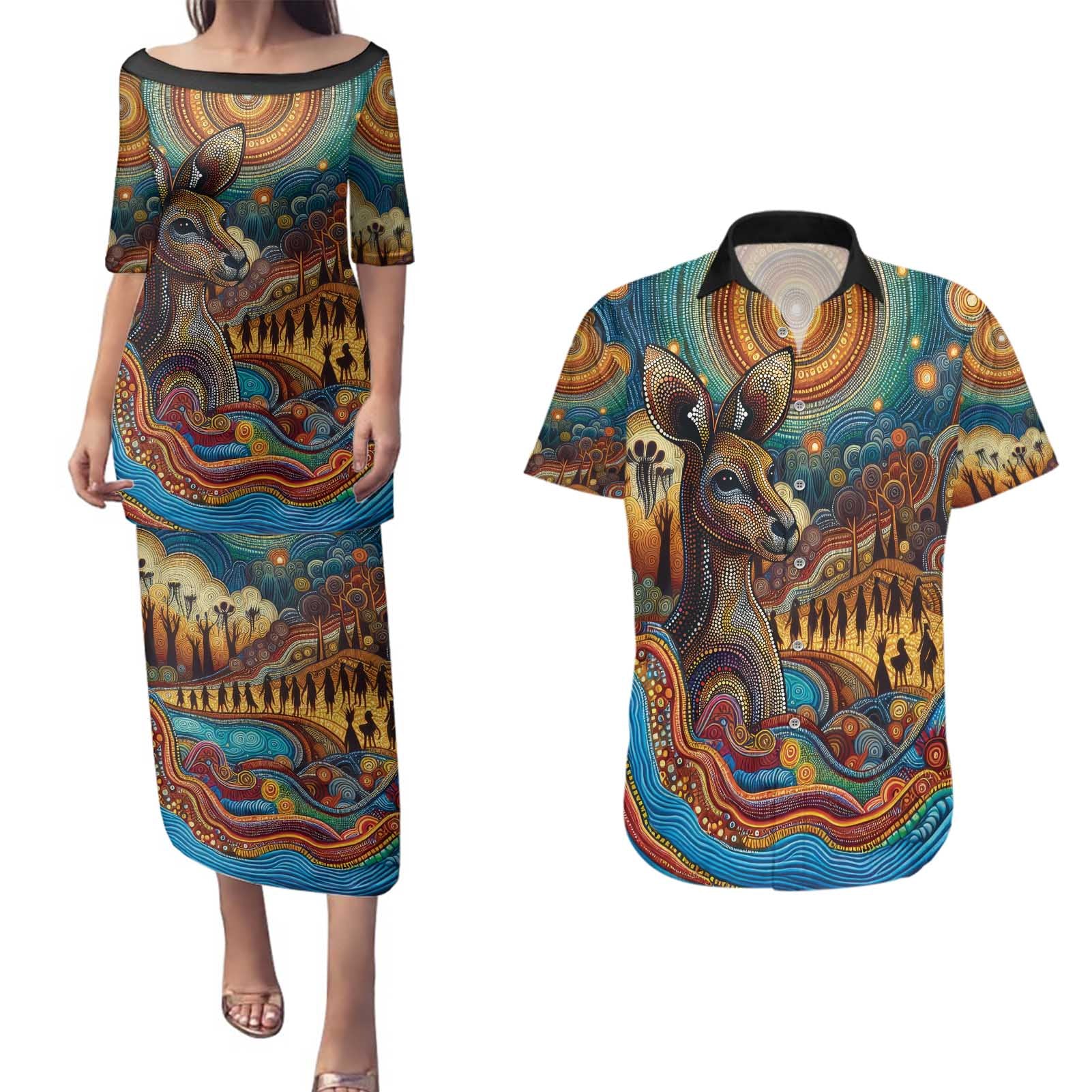 Aboriginal Dreamtime Stories Land Couples Matching Puletasi and Hawaiian Shirt