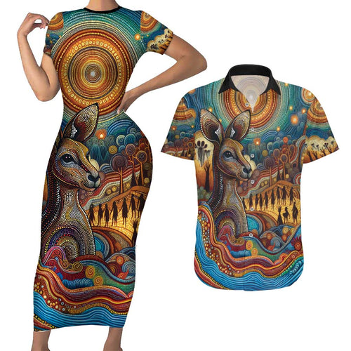 Aboriginal Dreamtime Stories Land Couples Matching Short Sleeve Bodycon Dress and Hawaiian Shirt