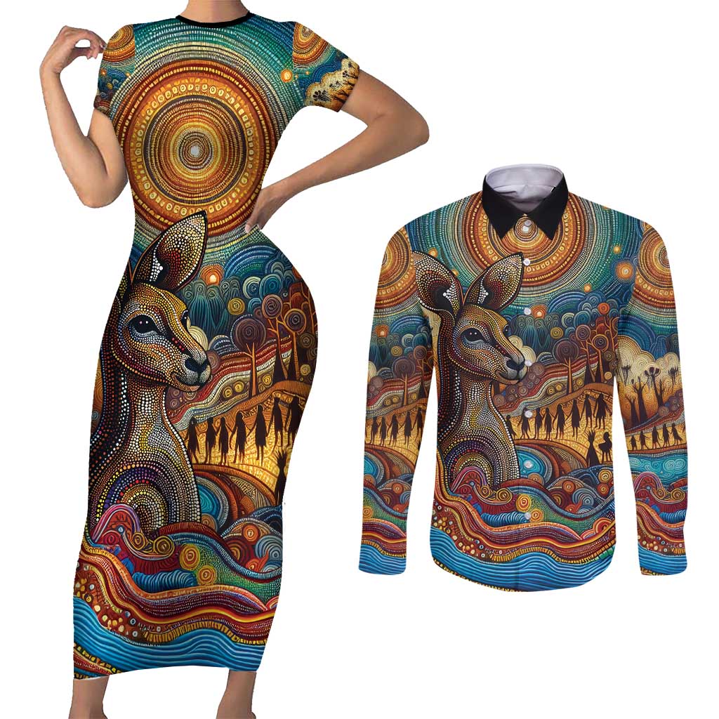 Aboriginal Dreamtime Stories Land Couples Matching Short Sleeve Bodycon Dress and Long Sleeve Button Shirt