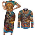 Aboriginal Dreamtime Stories Land Couples Matching Short Sleeve Bodycon Dress and Long Sleeve Button Shirt