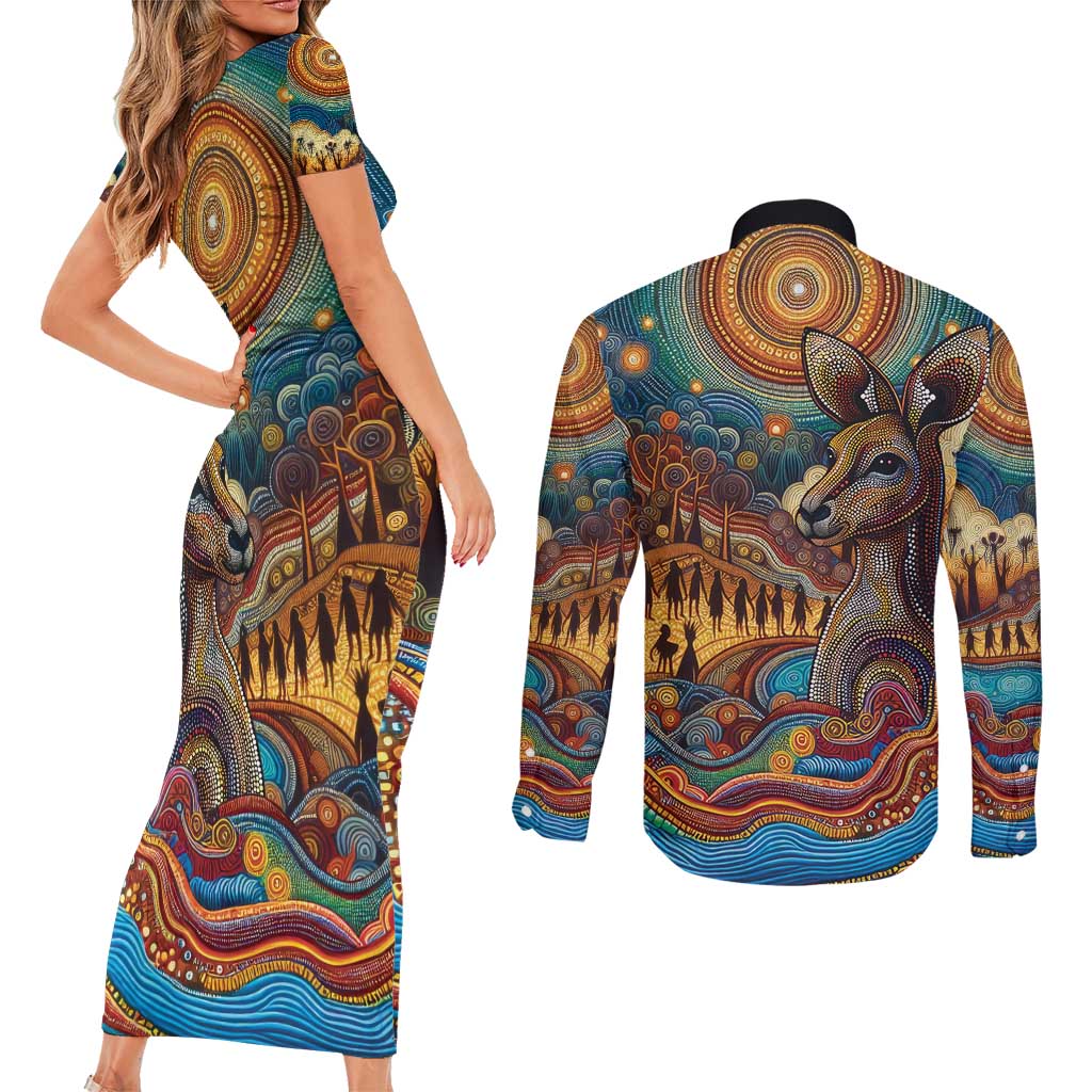 Aboriginal Dreamtime Stories Land Couples Matching Short Sleeve Bodycon Dress and Long Sleeve Button Shirt