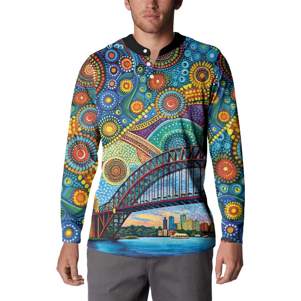 Australian Sydney Harbour Bridge Button Sweatshirt Aboriginal Dot Art