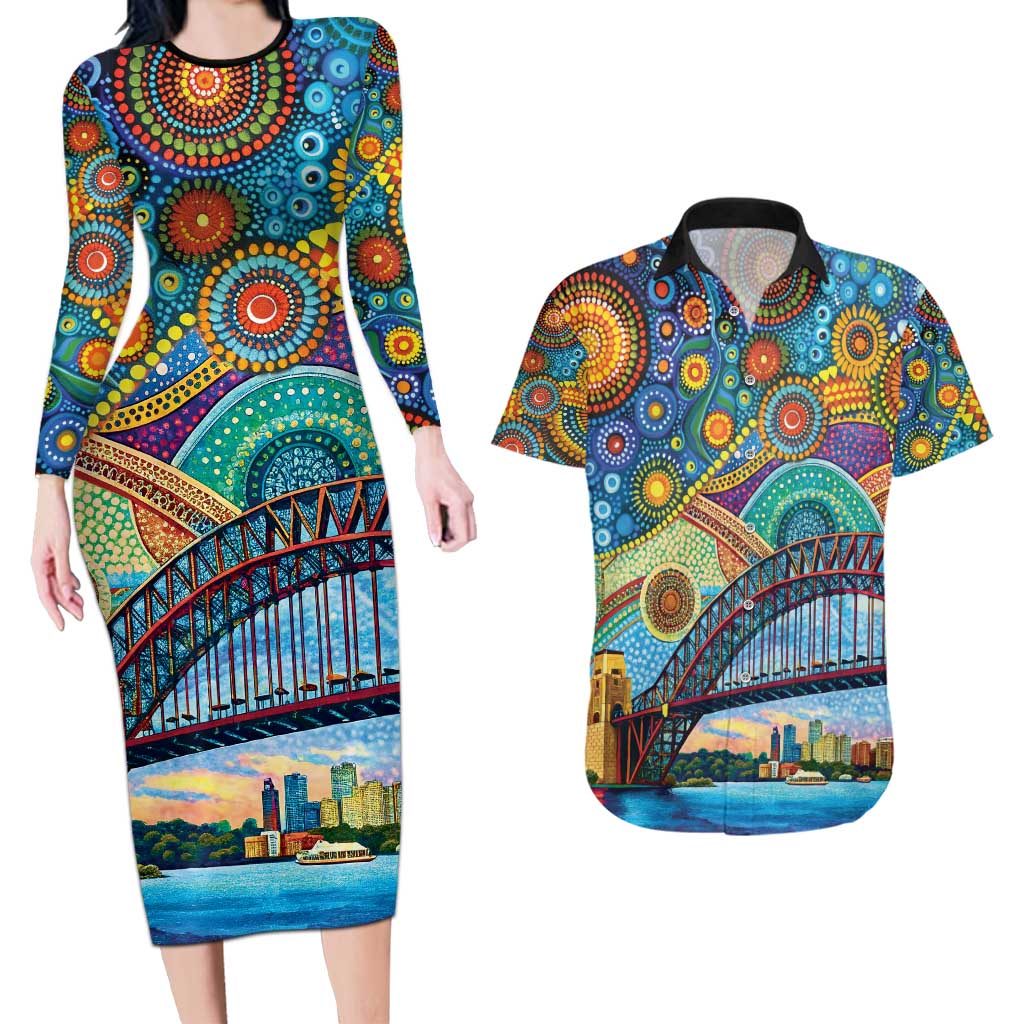 Australian Sydney Harbour Bridge Couples Matching Long Sleeve Bodycon Dress and Hawaiian Shirt Aboriginal Dot Art