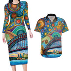 Australian Sydney Harbour Bridge Couples Matching Long Sleeve Bodycon Dress and Hawaiian Shirt Aboriginal Dot Art