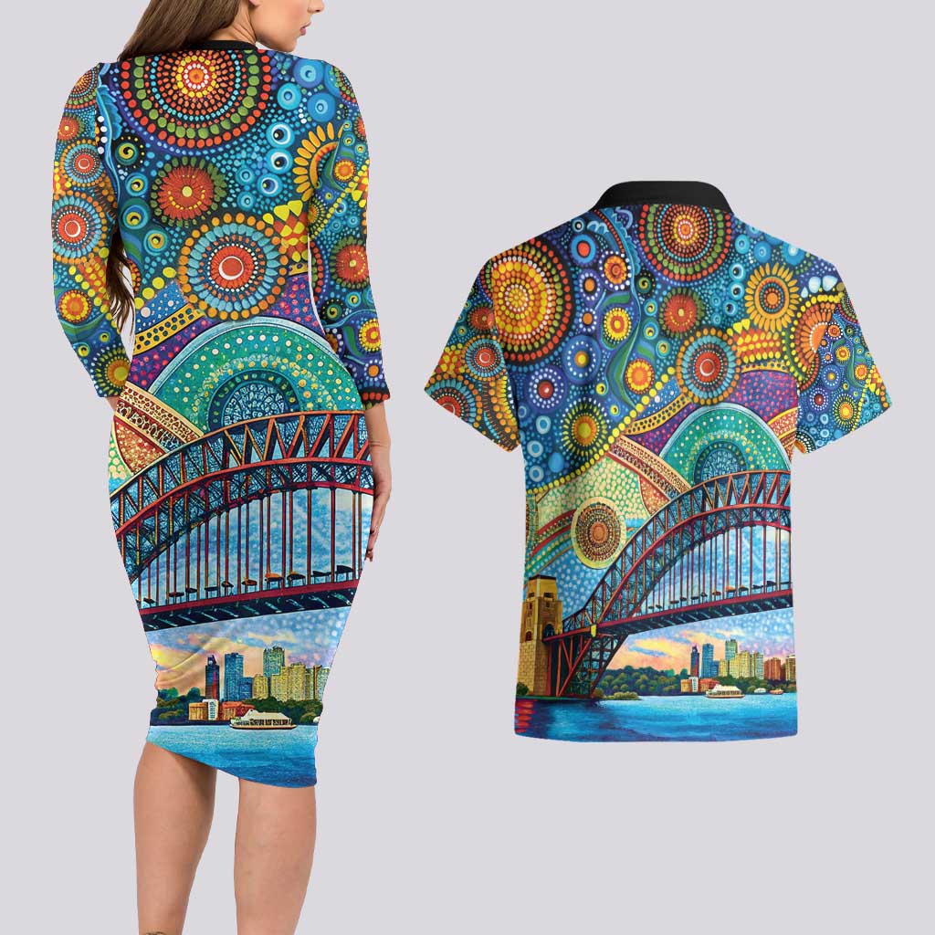 Australian Sydney Harbour Bridge Couples Matching Long Sleeve Bodycon Dress and Hawaiian Shirt Aboriginal Dot Art