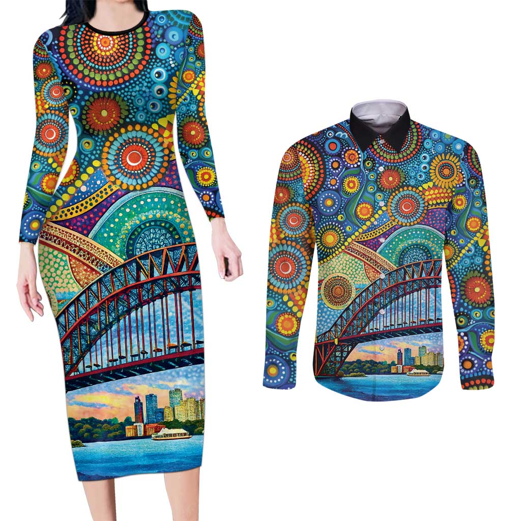 Australian Sydney Harbour Bridge Couples Matching Long Sleeve Bodycon Dress and Long Sleeve Button Shirt Aboriginal Dot Art