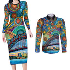 Australian Sydney Harbour Bridge Couples Matching Long Sleeve Bodycon Dress and Long Sleeve Button Shirt Aboriginal Dot Art