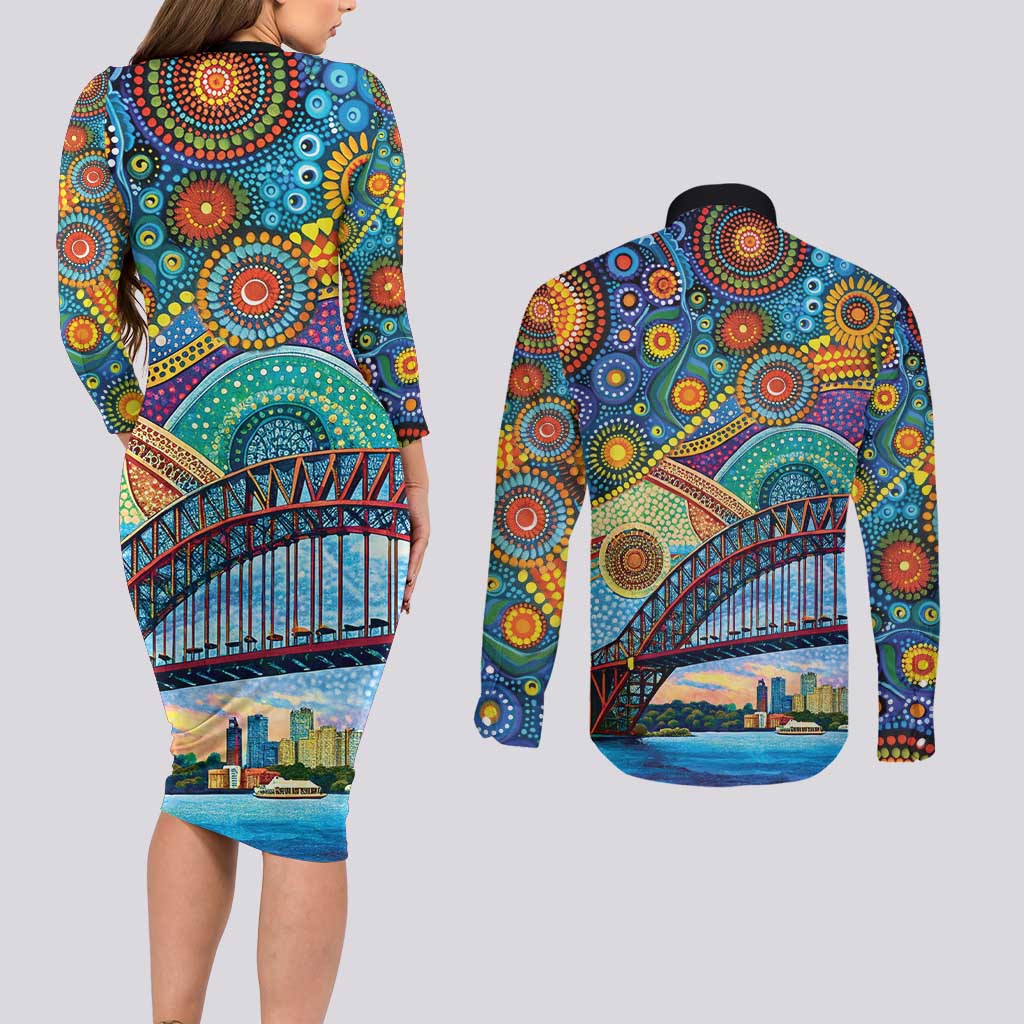 Australian Sydney Harbour Bridge Couples Matching Long Sleeve Bodycon Dress and Long Sleeve Button Shirt Aboriginal Dot Art