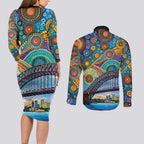 Australian Sydney Harbour Bridge Couples Matching Long Sleeve Bodycon Dress and Long Sleeve Button Shirt Aboriginal Dot Art