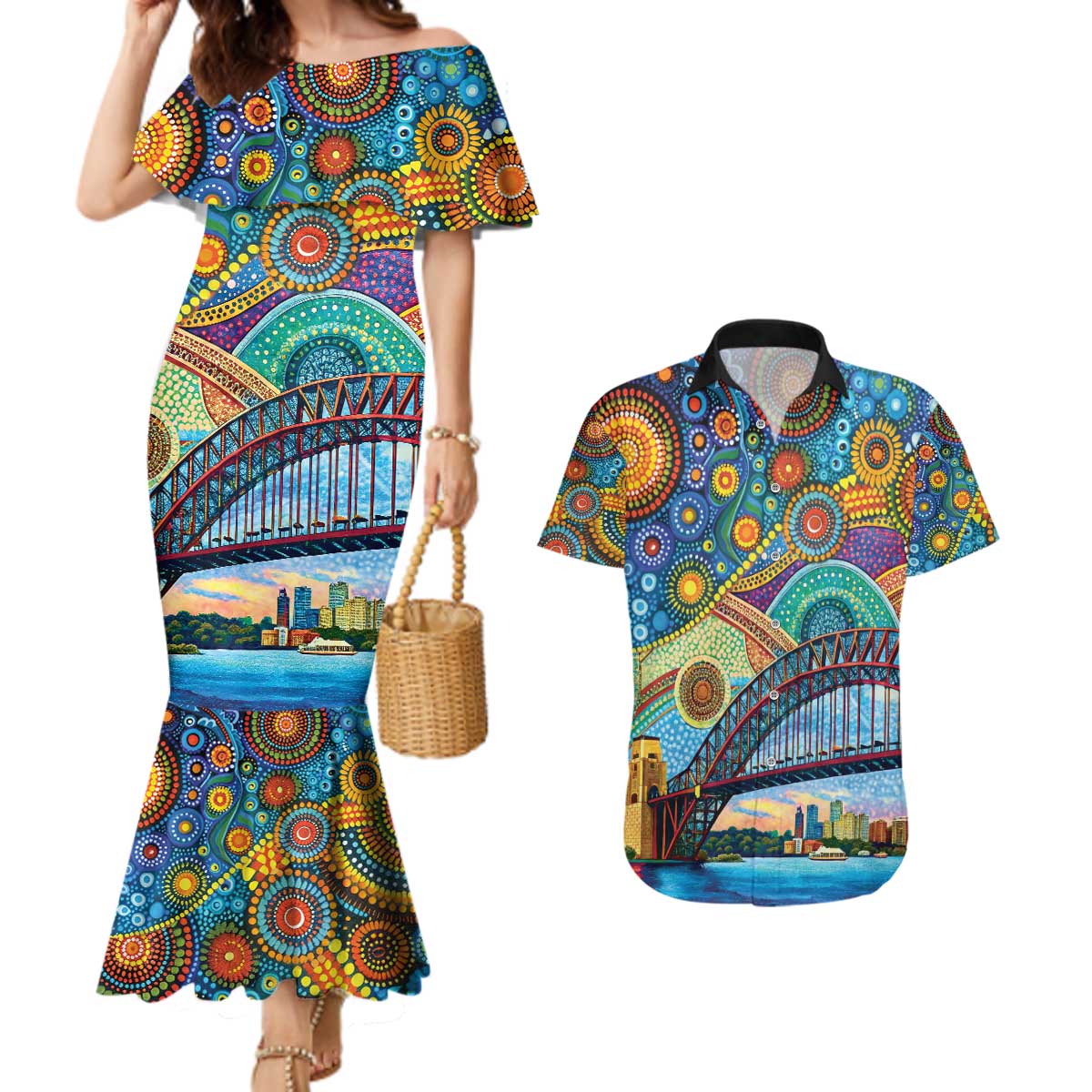 Australian Sydney Harbour Bridge Couples Matching Mermaid Dress and Hawaiian Shirt Aboriginal Dot Art