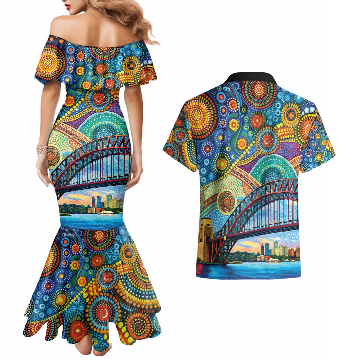 Australian Sydney Harbour Bridge Couples Matching Mermaid Dress and Hawaiian Shirt Aboriginal Dot Art