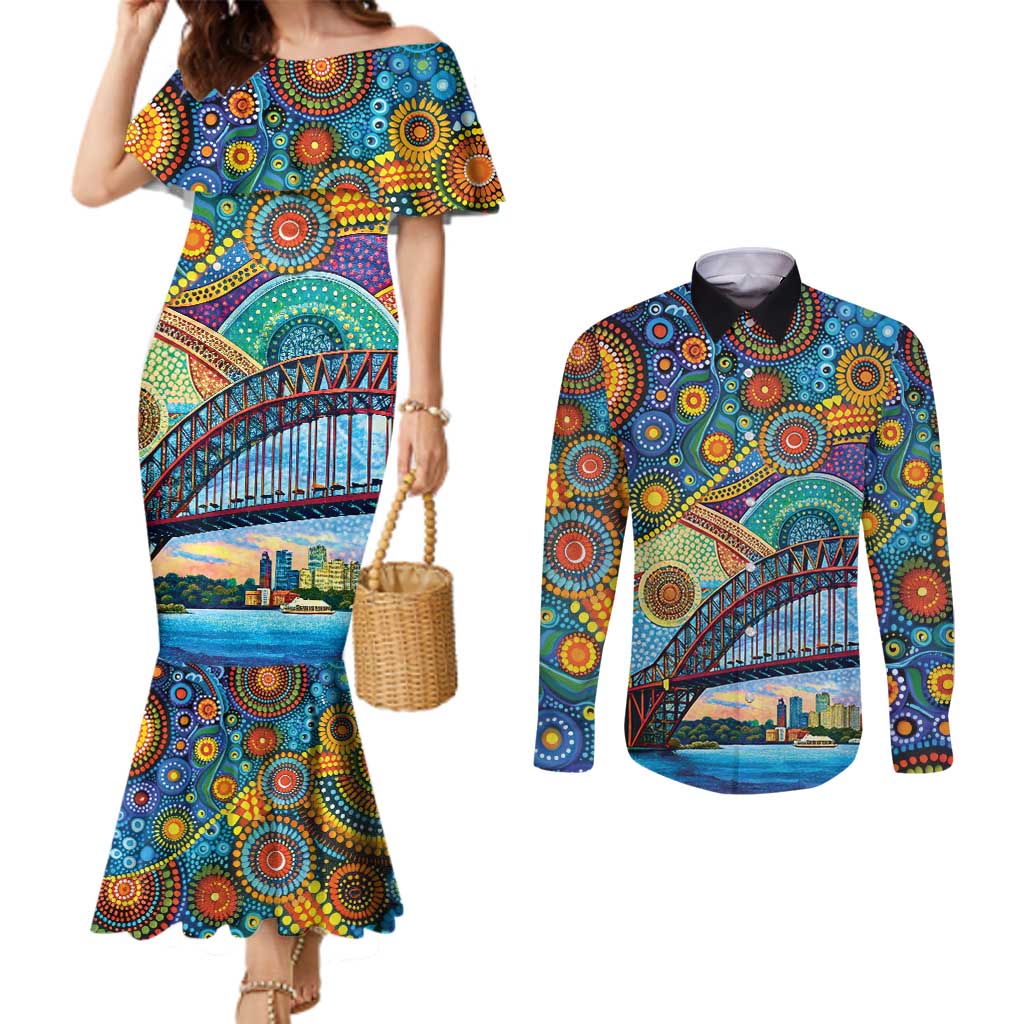 Australian Sydney Harbour Bridge Couples Matching Mermaid Dress and Long Sleeve Button Shirt Aboriginal Dot Art