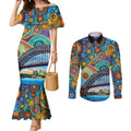 Australian Sydney Harbour Bridge Couples Matching Mermaid Dress and Long Sleeve Button Shirt Aboriginal Dot Art
