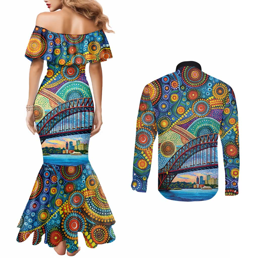 Australian Sydney Harbour Bridge Couples Matching Mermaid Dress and Long Sleeve Button Shirt Aboriginal Dot Art