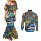 Australian Sydney Harbour Bridge Couples Matching Mermaid Dress and Long Sleeve Button Shirt Aboriginal Dot Art