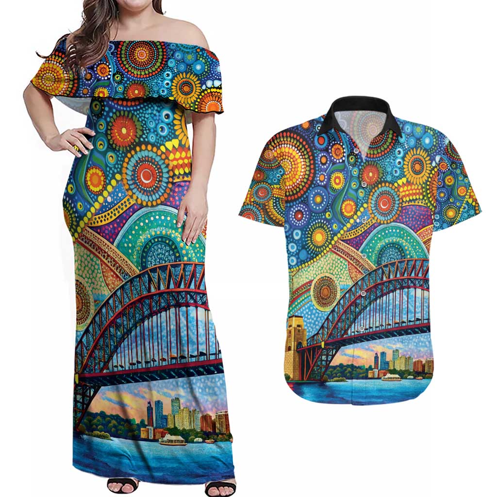 Australian Sydney Harbour Bridge Couples Matching Off Shoulder Maxi Dress and Hawaiian Shirt Aboriginal Dot Art