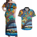 Australian Sydney Harbour Bridge Couples Matching Off Shoulder Maxi Dress and Hawaiian Shirt Aboriginal Dot Art