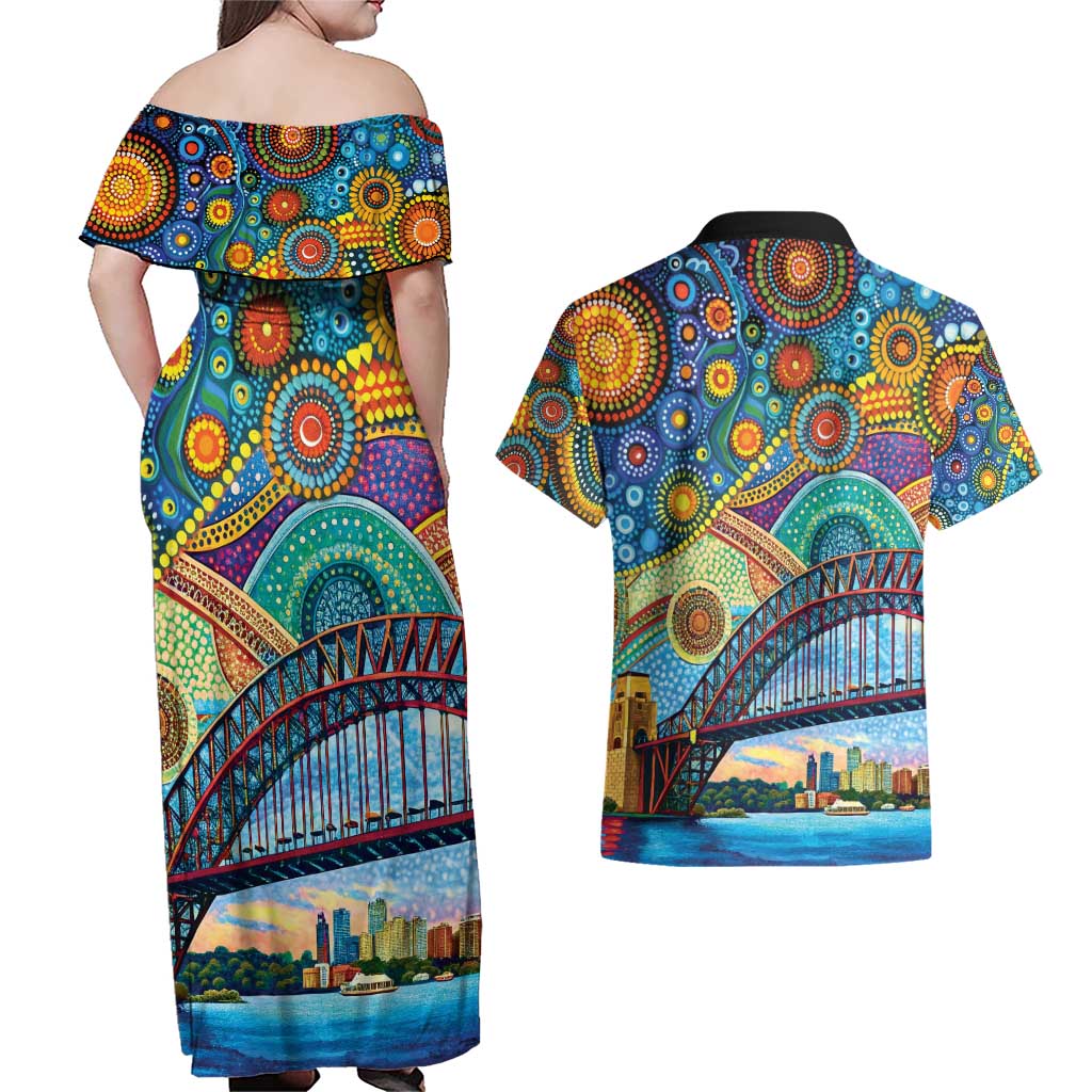 Australian Sydney Harbour Bridge Couples Matching Off Shoulder Maxi Dress and Hawaiian Shirt Aboriginal Dot Art