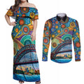 Australian Sydney Harbour Bridge Couples Matching Off Shoulder Maxi Dress and Long Sleeve Button Shirt Aboriginal Dot Art