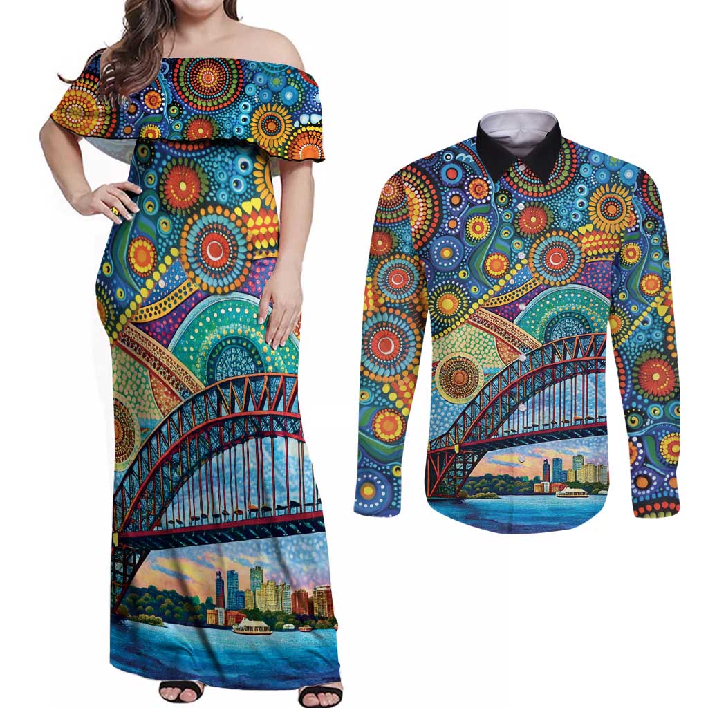 Australian Sydney Harbour Bridge Couples Matching Off Shoulder Maxi Dress and Long Sleeve Button Shirt Aboriginal Dot Art