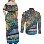 Australian Sydney Harbour Bridge Couples Matching Off Shoulder Maxi Dress and Long Sleeve Button Shirt Aboriginal Dot Art
