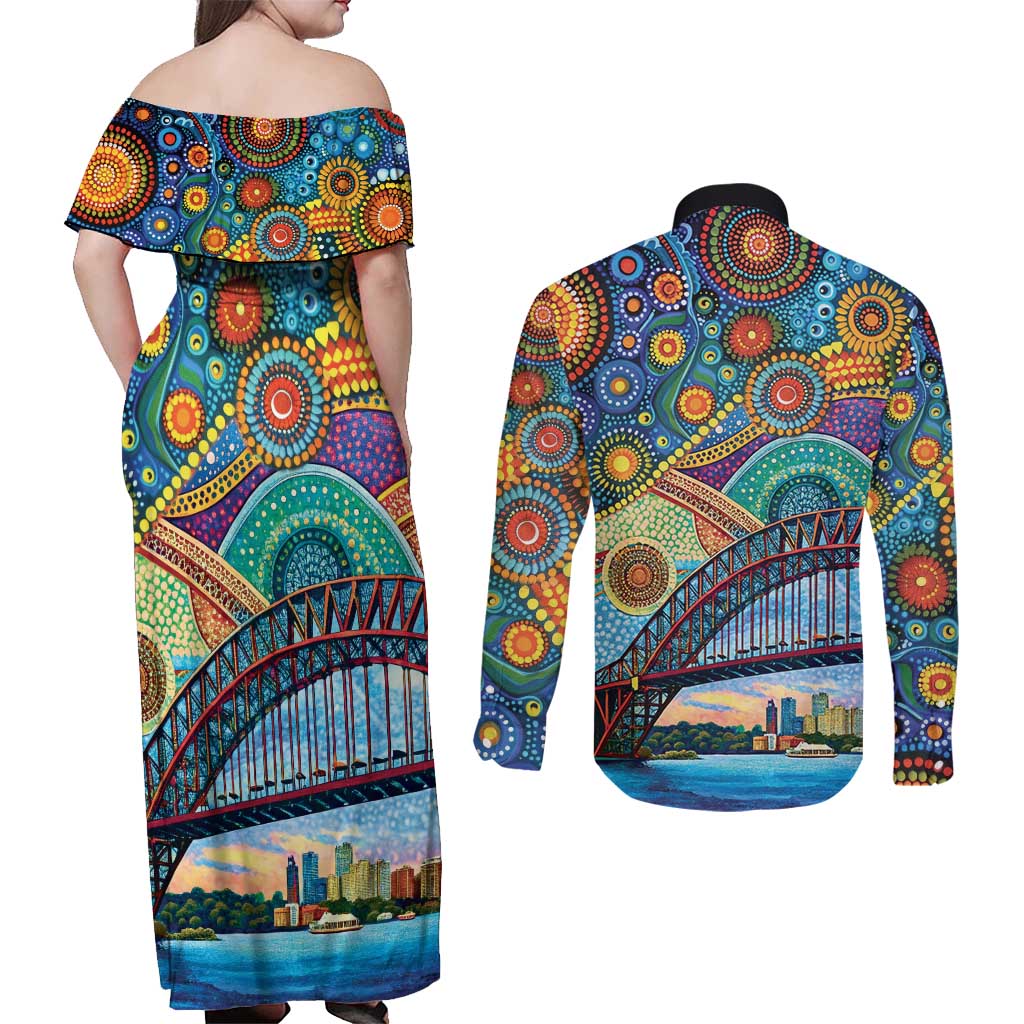 Australian Sydney Harbour Bridge Couples Matching Off Shoulder Maxi Dress and Long Sleeve Button Shirt Aboriginal Dot Art