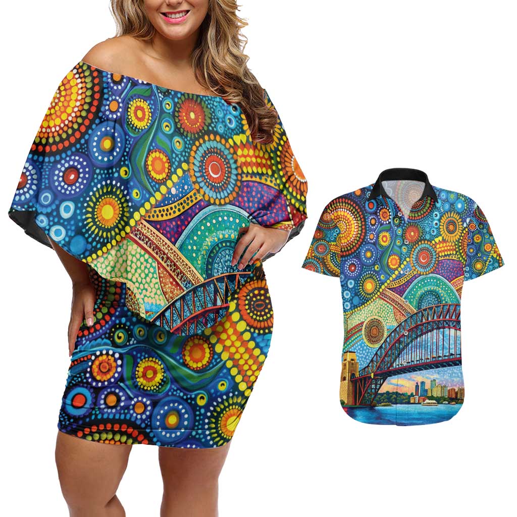 Australian Sydney Harbour Bridge Couples Matching Off Shoulder Short Dress and Hawaiian Shirt Aboriginal Dot Art