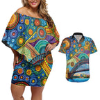 Australian Sydney Harbour Bridge Couples Matching Off Shoulder Short Dress and Hawaiian Shirt Aboriginal Dot Art