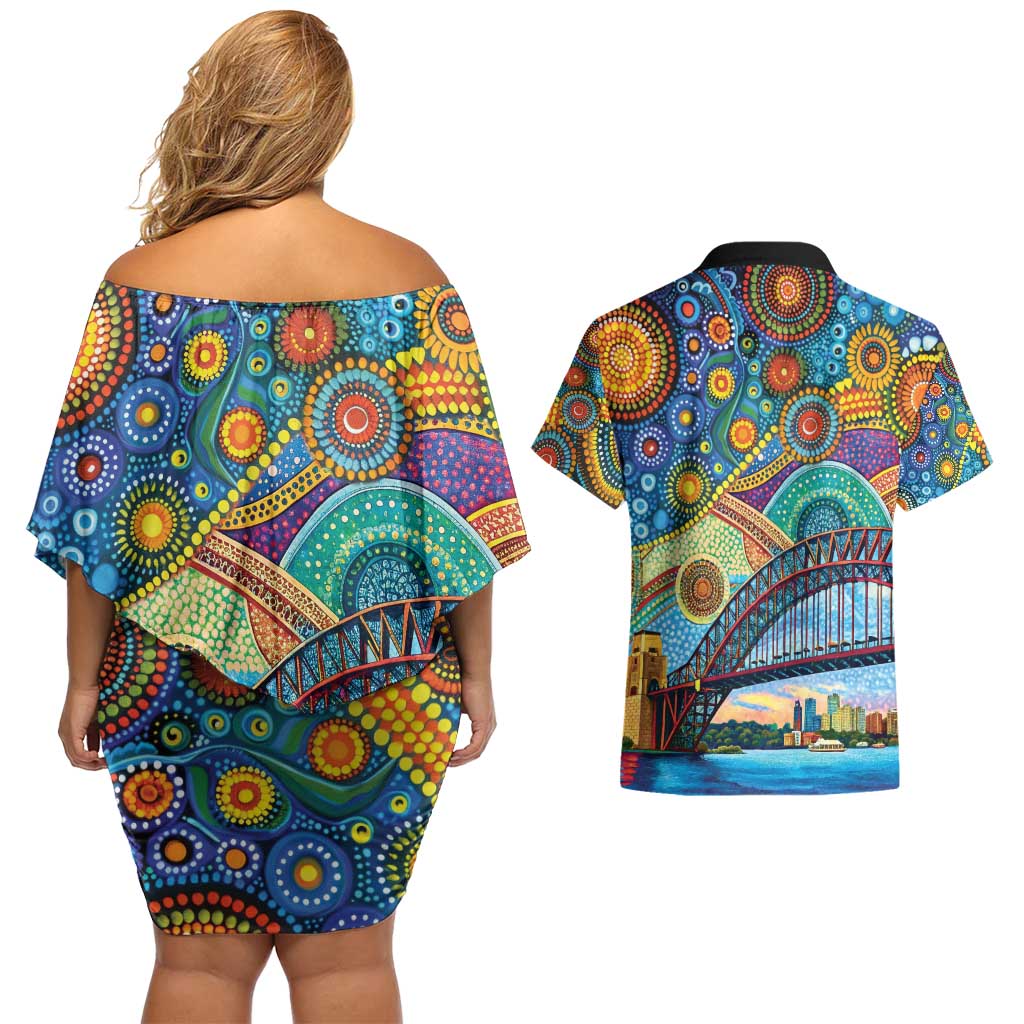 Australian Sydney Harbour Bridge Couples Matching Off Shoulder Short Dress and Hawaiian Shirt Aboriginal Dot Art