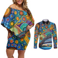 Australian Sydney Harbour Bridge Couples Matching Off Shoulder Short Dress and Long Sleeve Button Shirt Aboriginal Dot Art
