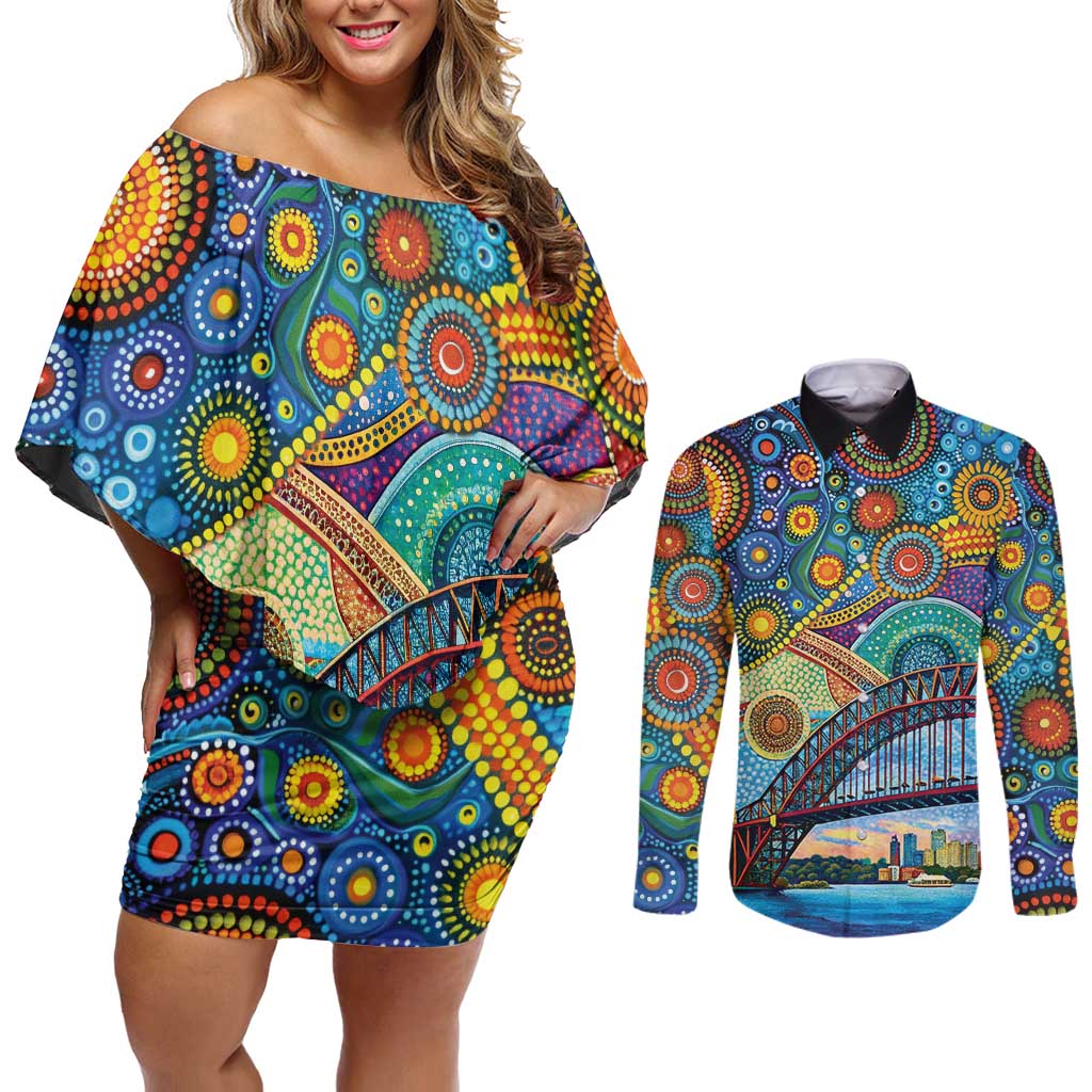 Australian Sydney Harbour Bridge Couples Matching Off Shoulder Short Dress and Long Sleeve Button Shirt Aboriginal Dot Art