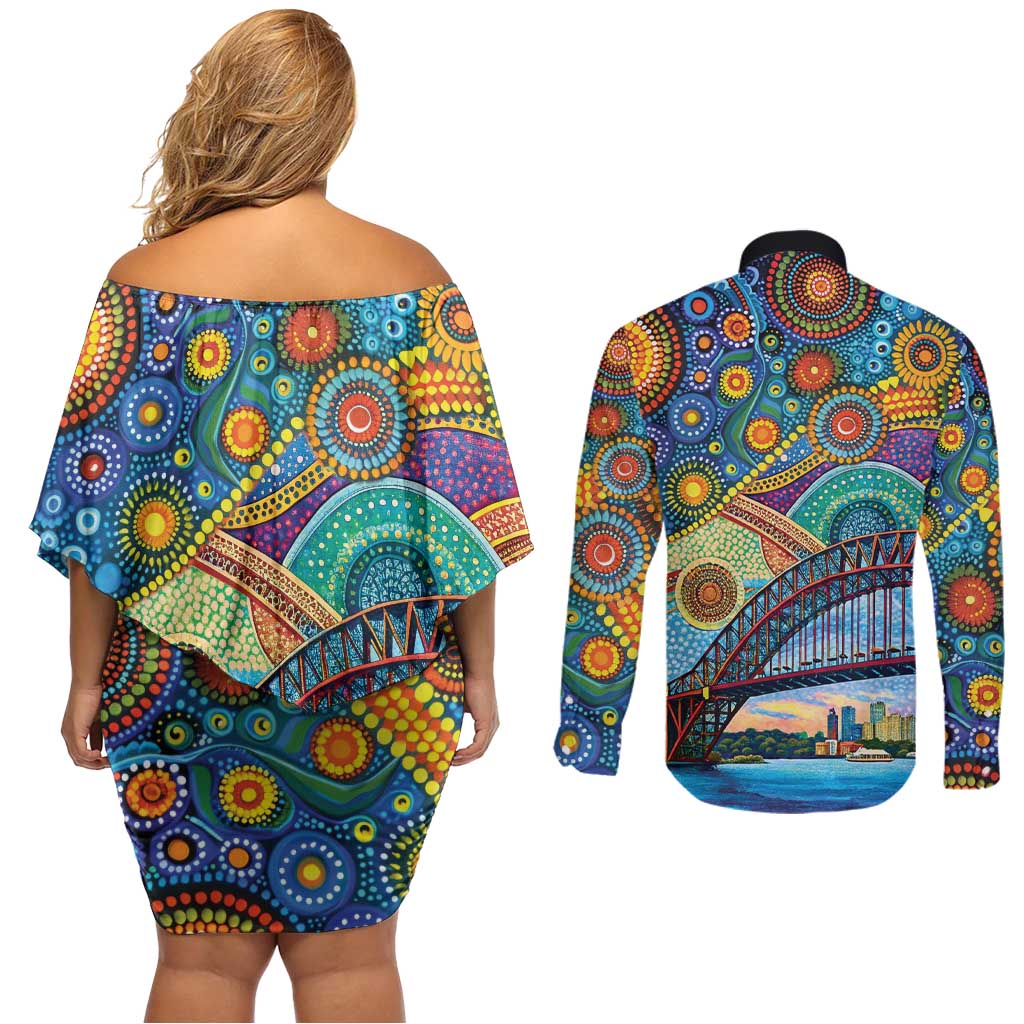 Australian Sydney Harbour Bridge Couples Matching Off Shoulder Short Dress and Long Sleeve Button Shirt Aboriginal Dot Art