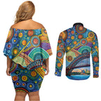 Australian Sydney Harbour Bridge Couples Matching Off Shoulder Short Dress and Long Sleeve Button Shirt Aboriginal Dot Art