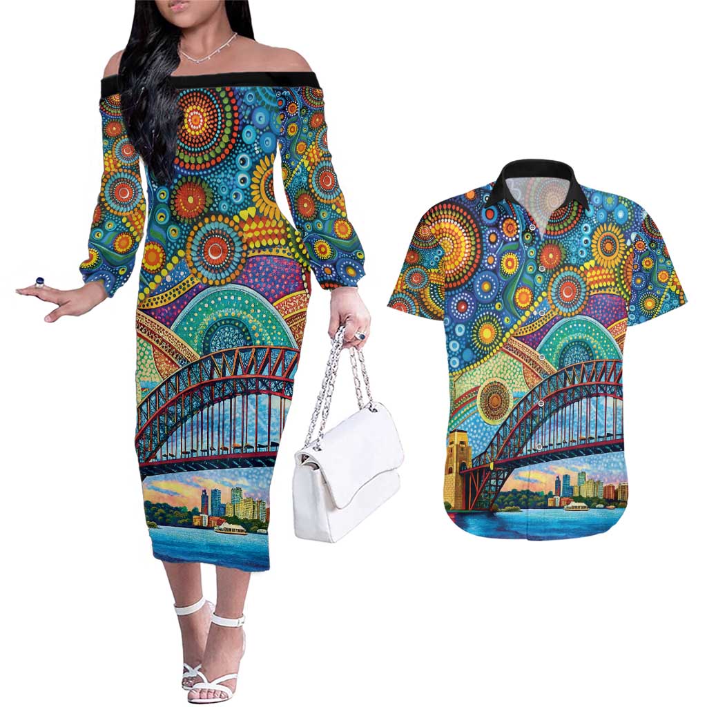 Australian Sydney Harbour Bridge Couples Matching Off The Shoulder Long Sleeve Dress and Hawaiian Shirt Aboriginal Dot Art