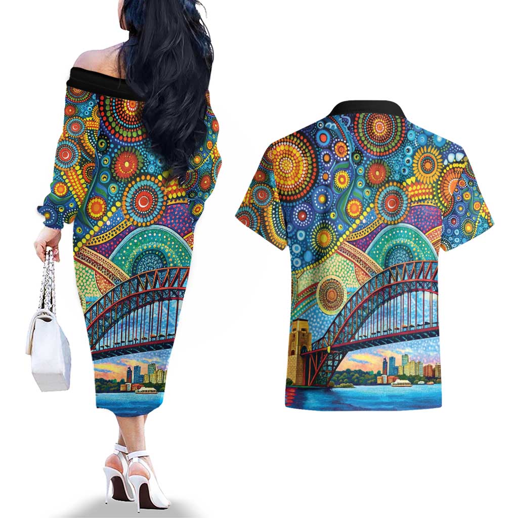 Australian Sydney Harbour Bridge Couples Matching Off The Shoulder Long Sleeve Dress and Hawaiian Shirt Aboriginal Dot Art